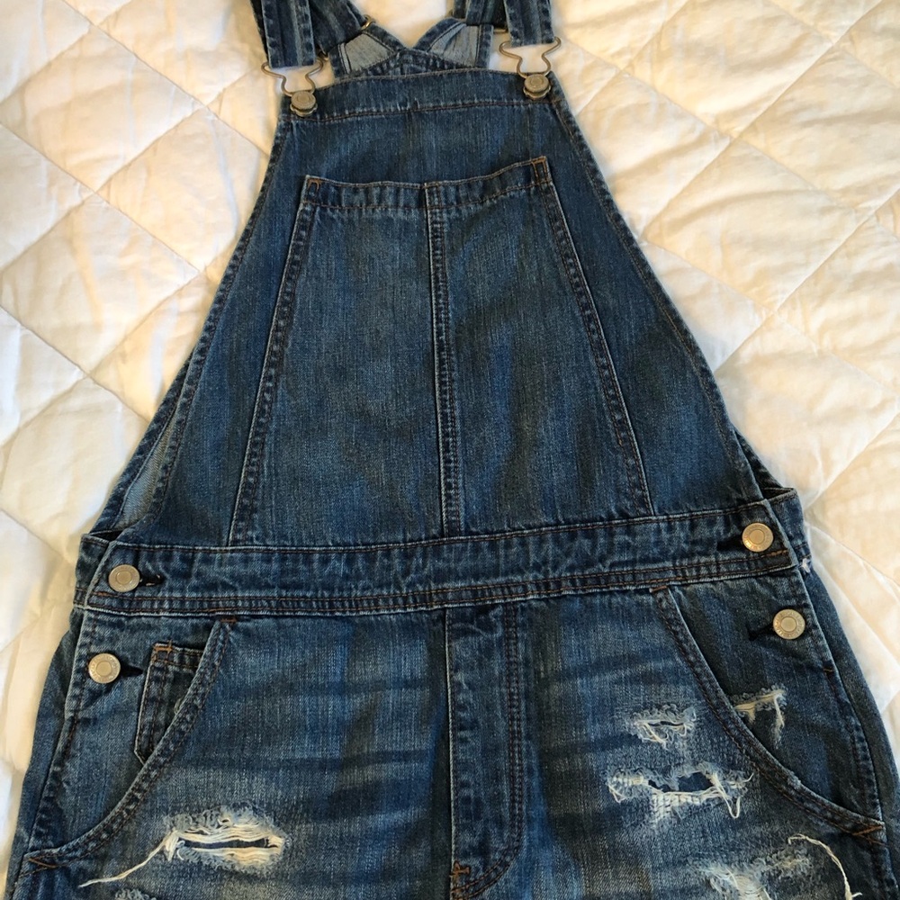 American Eagle Outfitters Distressed Blue Denim Overalls
